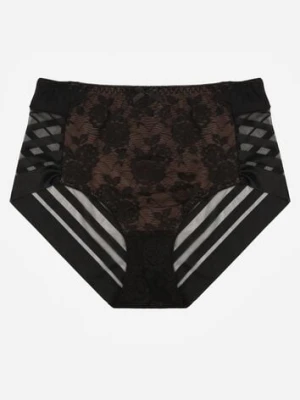 Czarno-Beżowe Siateczkowe Majtki Figi High Waist z Koronkowymi Zdobieniami Heylih