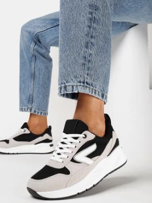 Czarno-Beżowe Sneakersy przed Kostkę z Przeszyciami i Materiałowymi Wstawkami Akirra
