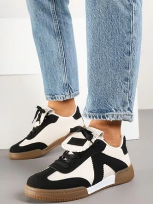 Czarno-Beżowe Sneakersy Tenisówki z Ozdobnym Językiem Alaviela givana