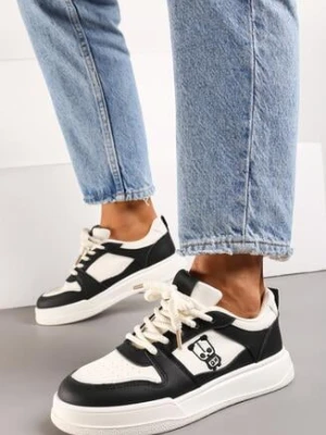 Czarno-Beżowe Sneakersy z Ekoskóry na Grubej Podeszwie z Naszywką i Sznurowaniem Irveta