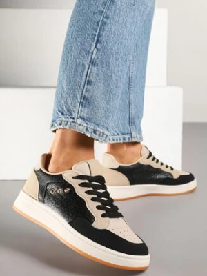 Czarno-Beżowe Sneakersy z Ozdobnymi Przeszyciami w Streetwearowym Stylu Neoniela