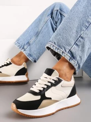 Czarno-Beżowe Sneakersy z Siateczką na Nosku Opimetia