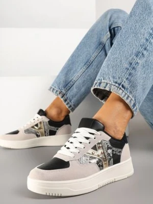 Czarno-Beżowe Sneakersy Zdobione Metaliczną Aplikacją i Imitacją Skóry Węża Sarivane