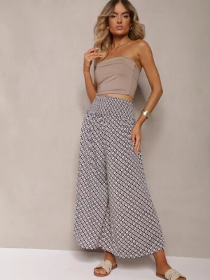 Czarno-Beżowe Spodnie High Waist z Bawełny z Rozszerzanymi Nogawkami i Gumką Nereialla