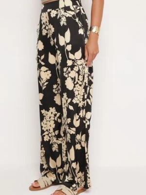 Czarno-Beżowe Spodnie z Szerokimi Nogawkami i Gumką w Talii z Wysokim Stanem Dimete by swan