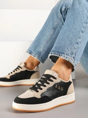 Czarno-Beżowe Streetwearowe Sneakersy Zdobione Przeszyciami Neonisea