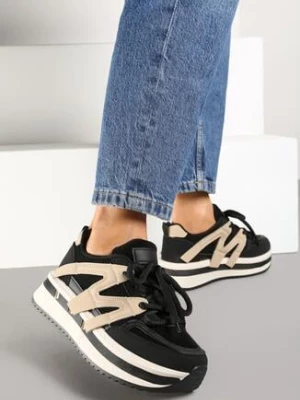 Czarno-Beżowe Sznurowane Sneakersy na Grubej Podeszwie z Paskami Innaretis