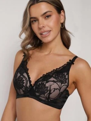 Czarno-Beżowy Biustonosz Koronkowy z Kokardkami Themikaia