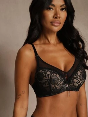 Czarno-Beżowy Biustonosz Ozdobiony Transparentnymi Wstawkami i Koronką Brannor