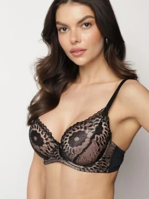 Czarno-Beżowy Biustonosz Typu Full Cup z Ozdobną Koronką Lanithiel han