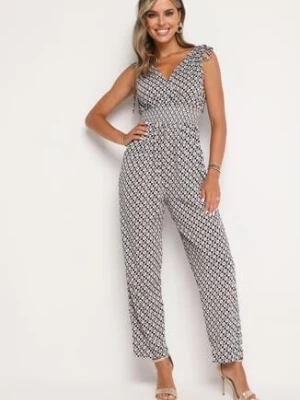 Czarno-Beżowy Długi Kombinezon z Gumką w Pasie i Sznurkami na Ramionach Hodan defox