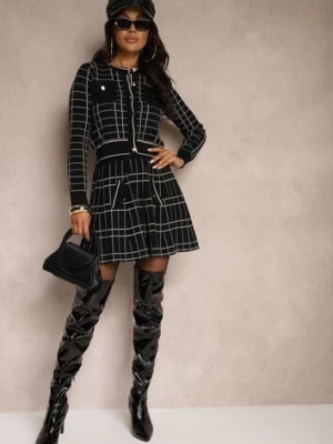 Czarno-Kremowy Dzianinowy Komplet z Wiskozą z Kardiganem i Rozkloszowaną Spódniczką w Kratkę Maresca