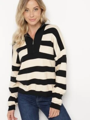 Czarno-Beżowy Golf w Paski Ozdobiony Suwakiem Zinorae glo-story