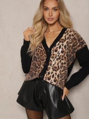 Czarno-Beżowy Kardigan z Wiskozą w Panterkowy Wzór Zdobiony Transparentnymi Cekinami Calattia unigirl