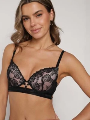 Czarno-Beżowy Klasyczny Biustonosz Zdobiony Koronką i Aplikacją Metheis