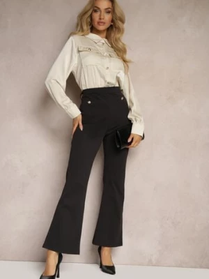 Czarno-Beżowy Kombinezon z Koszulową Górą Zdobiony Wiązaniem i Eleganckimi Guzikami Eliti rosa