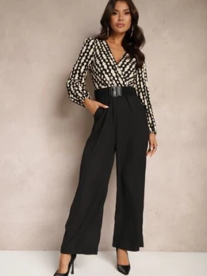 Czarno-Beżowy Kopertowy Kombinezon z Prostymi Nogawkami i Wzorzystą Górą z Paskiem w Talii Tinorielle rosa