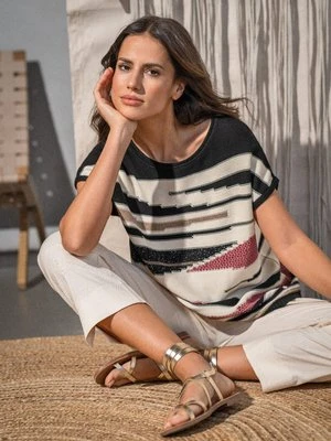 Czarno-beżowy sweter damski Chloe z krótkim rękawem – Resort Spirit Olsen