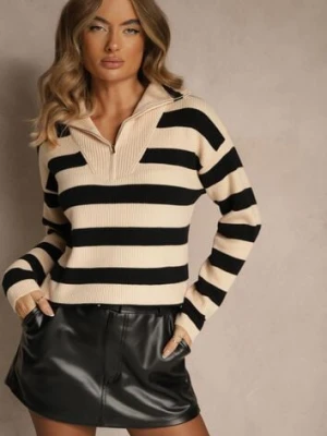 Czarno-Beżowy Sweter w Paski z Suwakiem przy Dekolcie Ralanae glo-story