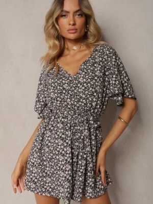 Czarno-Beżowy Taliowany Kombinezon z Materiałowym Paskiem i Gumką w Pasie Wykończony Guzikiem z Tyłu Penilla defox