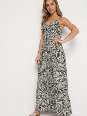 Czarno-Biała Bawełniana Sukienka na Regulowanych Ramiączkach z Kopertowym Dekoltem Desvima rosa