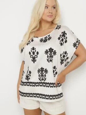 Czarno-Biała Bluzka z Wiskozy we Wzór w Stylu Boho Lunaseia j&x