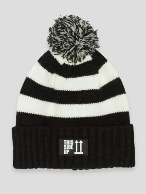 Czarno-biała czapka w paski z pomponem Reporter