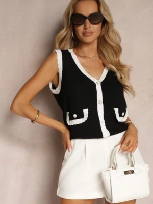 Czarno-Biała Kamizelka z Dodatkiem Wiskozy Ozdobiona Cyrkoniami i Perłami Zapinana na Guziki Ervia rosa