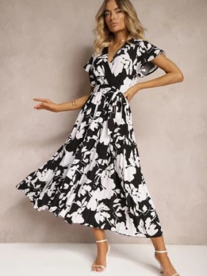 Czarno-Biała Kopertowa Plisowana Sukienka Koktajlowa z Gumką i Paskiem w Talii Benelsea cflo