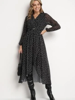 Czarno-Biała Kopertowa Sukienka w Kropki z Gumką w Talii i Asymetrycznym Dołem Neladi lovery