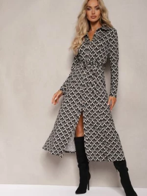 Czarno-Biała Koszulowa Sukienka Midi Ozdobiona Geometrycznym Wzorem i Wiązanym Paskiem Aripel by swan