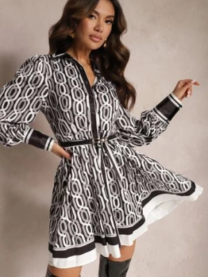 Czarno-Biała Koszulowa Sukienka Mini o Rozkloszowanym Kroju z Paskiem Launge elsa.m by may