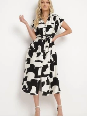 Czarno-Biała Koszulowa Sukienka w Kolorowe Łaty z Paskiem w Talii o Rozkloszowanym Kroju Folefia unigirl