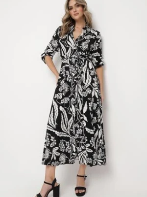 Czarno-Biała Koszulowa Sukienka z Roślinnym Wzorem z Wiązanym Paskiem Rosallen sweet&girl