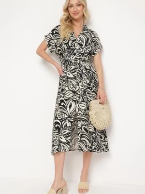 Czarno-Biała Koszulowa Sukienka Zapinana na Guziki z Gumką w Pasie z Materiałowym Paskiem Nelliara melya by melody