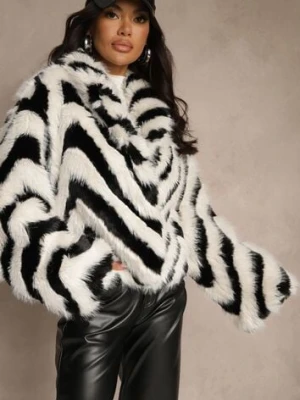 Czarno-Biała Kurtka Futerko Zdobiona Wzorem w Paski Alindde ann gissy