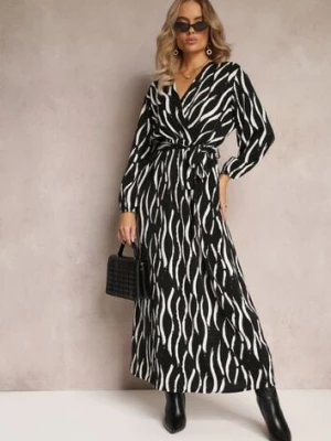 Czarno-Biała Maxi Sukienka z Gumką i Paskiem w Talii oraz Kopertowym Dekoltem Doiren