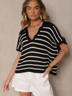 Czarno-Biała Nietoperzowa Bluzka z Kołnierzykiem z Dzianiny z Bawełny Galomea jumelle