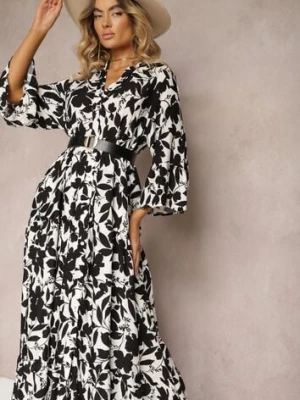 Czarno-Biała Rozkloszowana Sukienka Maxi na Guziki z Abstrakcyjnym Wzorem Uvellia sweet&girl
