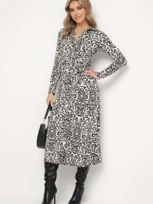 Czarno-Biała Rozkloszowana Sukienka Midi o Koszulowym Fasonie z Ozdobnym Wzorem Liovia by swan