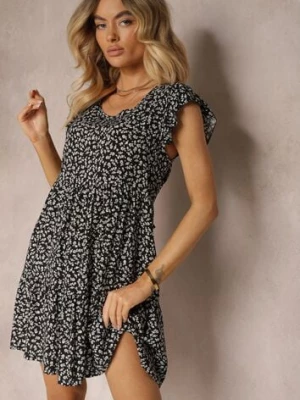 Czarno-Biała Rozkloszowana Sukienka z Bawełny Ozdobiona Falbanką Crisandra defox
