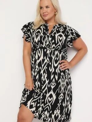 Czarno-Biała Rozkloszowana Sukienka z Krótkim Rękawem Zwężana w Talii Ezeviana
