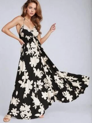 Czarno-Biała Rozkloszowana Sukienka z Wiskozy na Ramiączkach w Kwiaty Nansora cflo