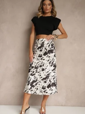 Czarno-Biała Spódnica z Satynowej Tkaniny Zdobiona Krowim Printem Kolorea pretty