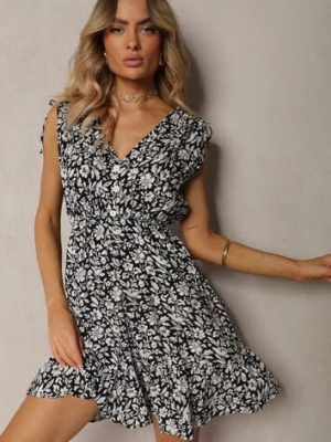 Czarno-Biała Sukienka Bawełniana na Grubych Ramiączkach z Gumką w Pasie Zapinana na Guziki Tessri defox