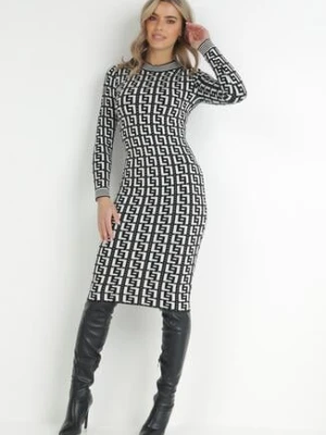 Czarno-Biała Sukienka Dzianinowa w Geometryczny Wzór z Półgolfem Mata retro & icone