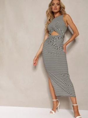 Czarno-Biała Sukienka Koktajlowa bez Rękawów z Geometrycznym Rozcięciem w Talii i z Boku Vikorra lovery