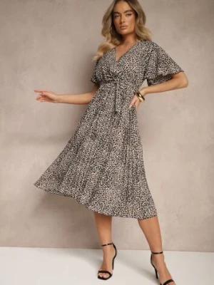Czarno-Biała Sukienka Kopertowa z Wiązanym Paskiem Zdobiona Printem w Panterkę Gilinne defox