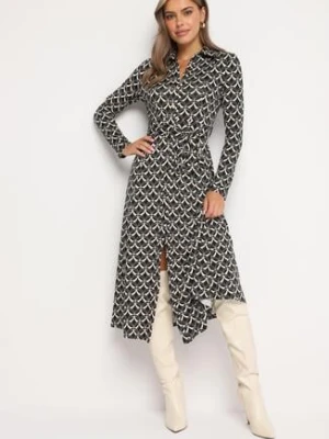 Czarno-Biała Sukienka Koszulowa Midi w Geometryczny Wzór z Paskiem Anelfi by swan