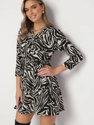 Czarno-Biała Sukienka Mini ze Zwierzęcym Printem i Wiązanym Paskiem w Talii Crossie j studio